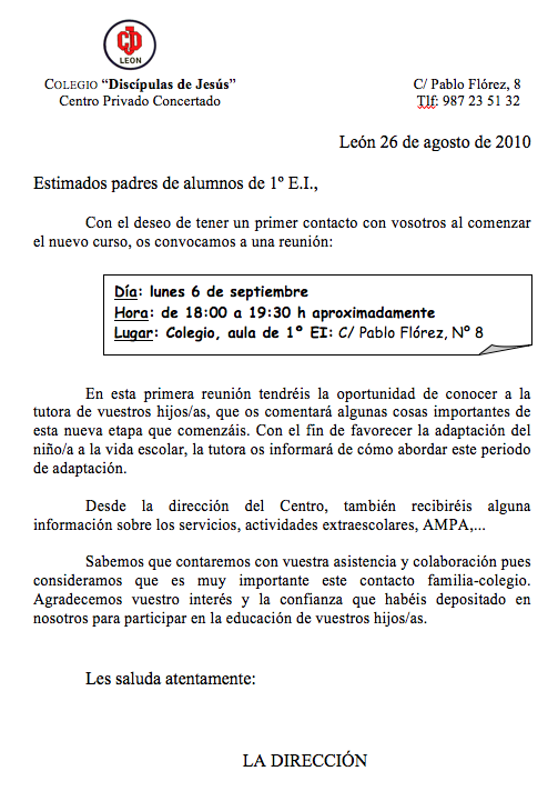 Circular principio de curso 1º E.I.